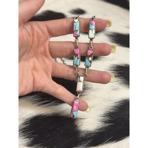 Native American SW Sterling Silver Cotton Candy Turquoise Lariat Necklace